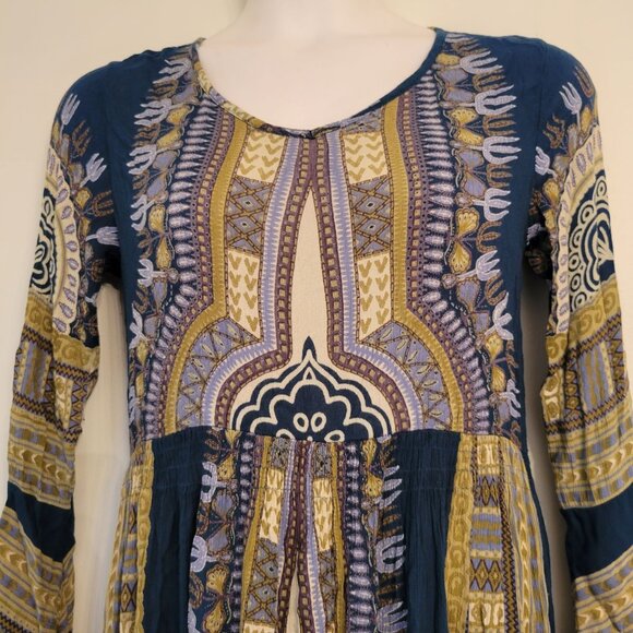 Earthbound Trading‎ Boho Maxi Dress Ethnic Print Flared Sleeves M Blue Green - Picture 7 of 7